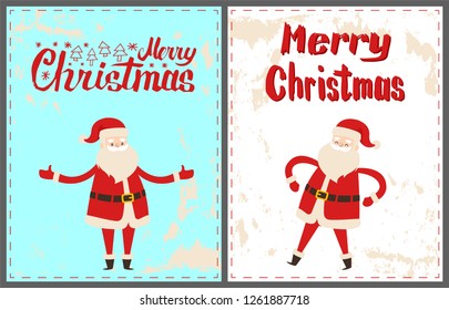 Dancing Santa Claus with hands on waist and broad open, wishing Merry Christmas. Wintertime vector greeting card with New Year cartoon character sticker