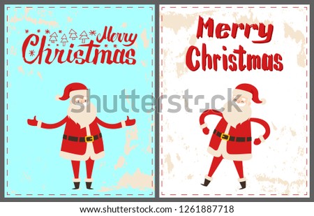 Dancing Santa Claus with hands on waist and broad open, wishing Merry Christmas. Wintertime vector greeting card with New Year cartoon character sticker
