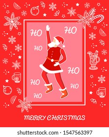 Dancing Santa Claus. Noel. Babbo Natale. Merry Christmas. Mulled wine. Merry Christmas greetings. Christmas  greeting card, banner, poster design element. Vector concept.Flat illustration. 
