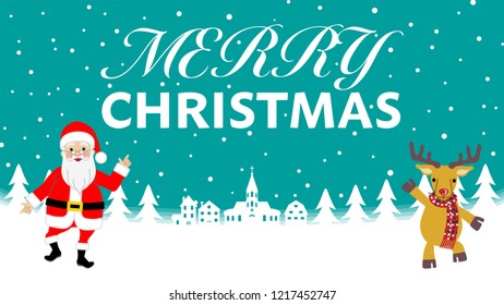 Dancing Santa claus and Reindeer - Christmas town background, Merry Christmas message