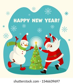 Dancing Santa Claus and Snowman and Christmas tree. Vector illustration