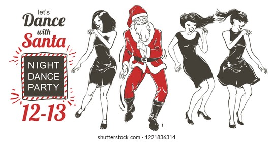 Dancing Santa Claus and young people Set. Couple dancing swing, charleston. Retro style party. Vector sketch illustration.
