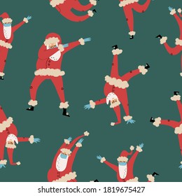 Dancing Santa Clauses in medical face mask and latex gloves in various pas like dabbing,jumping,break dance. Hand-drawn vector seamless pattern for textile, fabric print, wrapping paper and other.