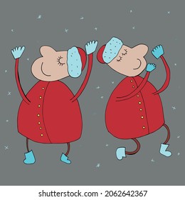 Dancing Santa Clauses. Vector character. Coloring pages for children and adults. Isolated. Cartoon.