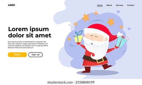 Dancing Santa landing page design. Santa dancing and holding gift boxes. Christmas, holiday, festival can be used for website or banner design