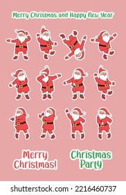 Dancing Santa sticker pack for print and cut. Fun cartoon Christmas character. Cute Santa Claus dancing disco making funny movements. Quirky Santa stickers set with clipping border silhouettes.