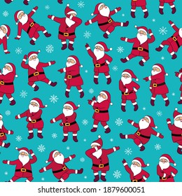 Dancing Santa whimsical seamless pattern. Funny Santa Claus dancing. Cartoon character flexing disco dance. Repeat pattern Christmas digital wallpaper, desktop background, textile or fabric design. 