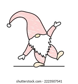 Tanzskandinavisches Gnome, Zwerg, Hand hoch, schwarze Linie, doodle Vektorgrafik, Stift-Zeichentrickfilm, einfache Skizze