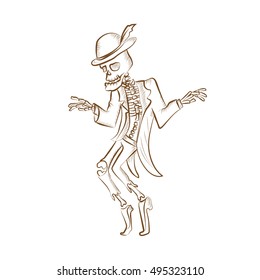 Dancing sceleton.Engraved hand drawn vector illustration. Isolated on white background. Could be used for Halloween decoration, prints, greeting card or invitation.