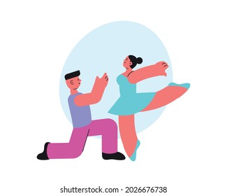 Dancing school flat composition with characters of man on knee and woman in skirt dancing classics vector illustration