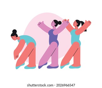 Dancing school flat composition with group of three dancing characters of girls vector illustration