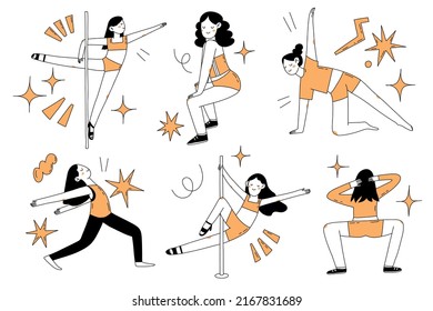Dancing school hand drawn outline vector illustration in doodle style. Cartoon dancers set isolated on white background.