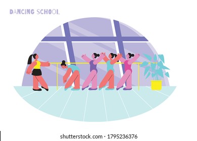 Dancing school stretching flat composition with indoor scenery and dance tutor with female characters of dancers vector illustration