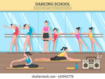 Dancing school with teacher and girl students near mirror and on mats music equipment flat vector illustration