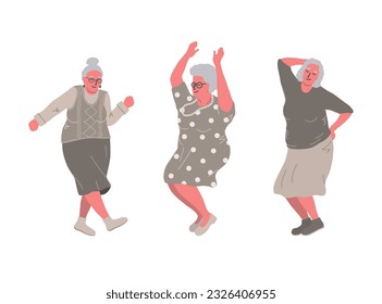 Dancing senior people. Cheerful active women. Old women have fun and dance. Positive elderly people. Vector illustration