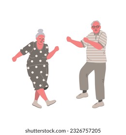 Dancing senior people. Cheerful elderly people. Old man and old woman have fun and dance. Positive active people. Vector illustration