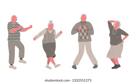 Bailando ancianos. Personas mayores. Los ancianos y las ancianas se divierten y bailan. Personas activas positivas. Ilustración del vector