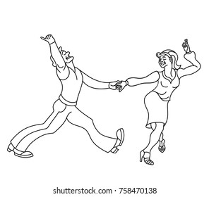 Dancing seniors. Happy old people have fun. Active pensioners. Couple silhouettes dancing swing, rock or lindy hop.Outline retro dancer silhouette.