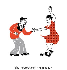 Dancing seniors. Happy old people have fun. Active pensioners.Retro red color.Couple silhouettes dancing swing, rock or lindy hop. Simple vector print. Polka dot dress. Fashion retro shoes