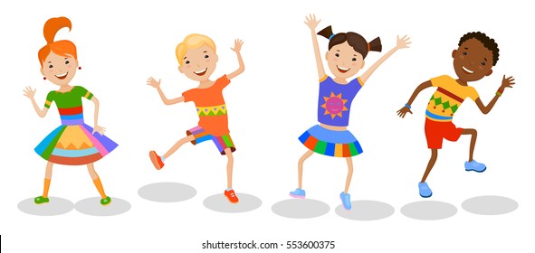 Dancing set of little cartoon fun kids in colorful clothes