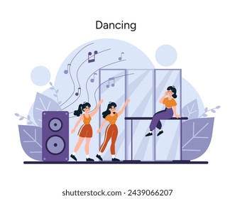 Dancing set. A lively scene of individuals moving rhythmically to music, exuding the joy and freedom of dance against a backdrop of musical notes. Vector illustration