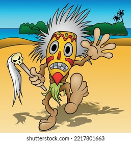 Dancing Shaman in a Ritual Mask - Colored Cartoon Illustration with Background, Vector