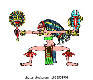 dancing shaman woman with fish and frying pan, wild mexican housewife, color vector illustration with black contour lines isolated on a white background in a hand drawn and cartoon style