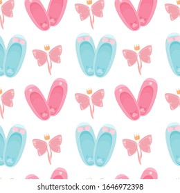 Dancing shoes seamless pattern in pink and blue colors with butterfly wings and crown and bows. Good for wrapping paper, postcards