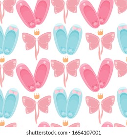 Dancing shoes seamless pattern in pink and blue colors with butterfly wings and crown and bows

