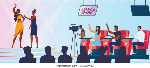 Dancing Show, Contest Flat Vector Illustration. Young Contestant, Judges and Viewers Cartoon Characters. Cheerful Woman in Evening Gown Gives Speech, Interview on Stage. Entertainment Business