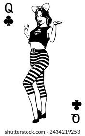 Dancing show girl dressed as a Queen of Clubs. Vector cliparts isolated on white.