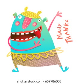 Dancing Showing Cheerful Cute Monster for Children. Happy creature show Thanks crazy cartoon. Vector illustration.