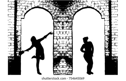 Dancing silhouettes in brick archs