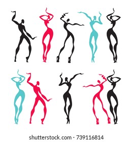 Dancing silhouettes. Dancer Beautiful women. Vector Illustration