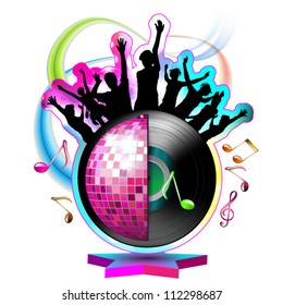 Dancing silhouettes with disco ball over white