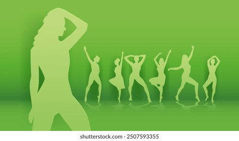 Dancing silhouettes green background paper cut style. Group of dancing figures in various poses against a green gradient backdrop. Website design banner