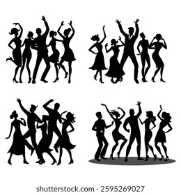 Dancing Silhouettes Party Scene Vector Illustration, 
silhouettes, party scene, vector illustration, dance party, nightclub dancers, music festival, energetic motion, silhouette design, DJ party