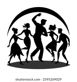 Dancing Silhouettes Party Scene Vector Illustration, 
silhouettes, party scene, vector illustration, dance party, nightclub dancers, music festival, energetic motion, silhouette design, DJ party