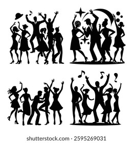 Dancing Silhouettes Party Scene Vector Illustration, 
silhouettes, party scene, vector illustration, dance party, nightclub dancers, music festival, energetic motion, silhouette design, DJ party