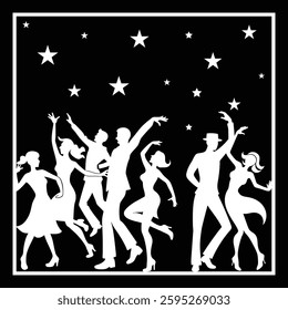 Dancing Silhouettes Party Scene Vector Illustration, 
silhouettes, party scene, vector illustration, dance party, nightclub dancers, music festival, energetic motion, silhouette design, DJ party