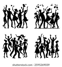 Dancing Silhouettes Party Scene Vector Illustration, 
silhouettes, party scene, vector illustration, dance party, nightclub dancers, music festival, energetic motion, silhouette design, DJ party