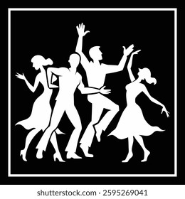 Dancing Silhouettes Party Scene Vector Illustration, 
silhouettes, party scene, vector illustration, dance party, nightclub dancers, music festival, energetic motion, silhouette design, DJ party