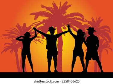 Dancing silhouettes of people under the palm trees.	