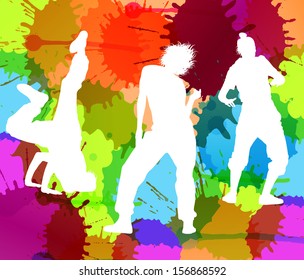 Dancing silhouettes vector background concept with ink splashes