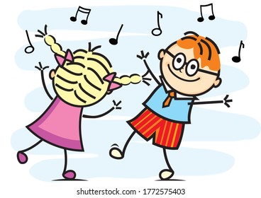 dancing and singing kids, dancing couple, funny vector illustration