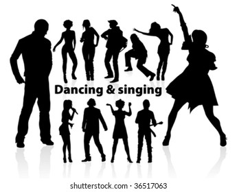 dancing and singing people's silhouette isolated on white background