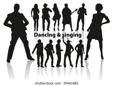 dancing and singing people's silhouette isolated on white background