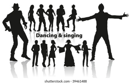dancing and singing people's silhouette isolated on white background