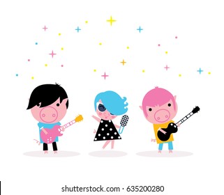 Dancing, singing and playing the guitars fun cartoon style three little pigs. Music band party isolated on white. Vector illustration. Suitable for 2019 chinese new year or christmas card design.