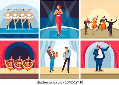 Dancing and singing show or concerts opera and ballet orchestra and cabaret vector ballerinas in tutu solo singer musicians and conductor dancers and jazz players classic vocalist stage and curtains